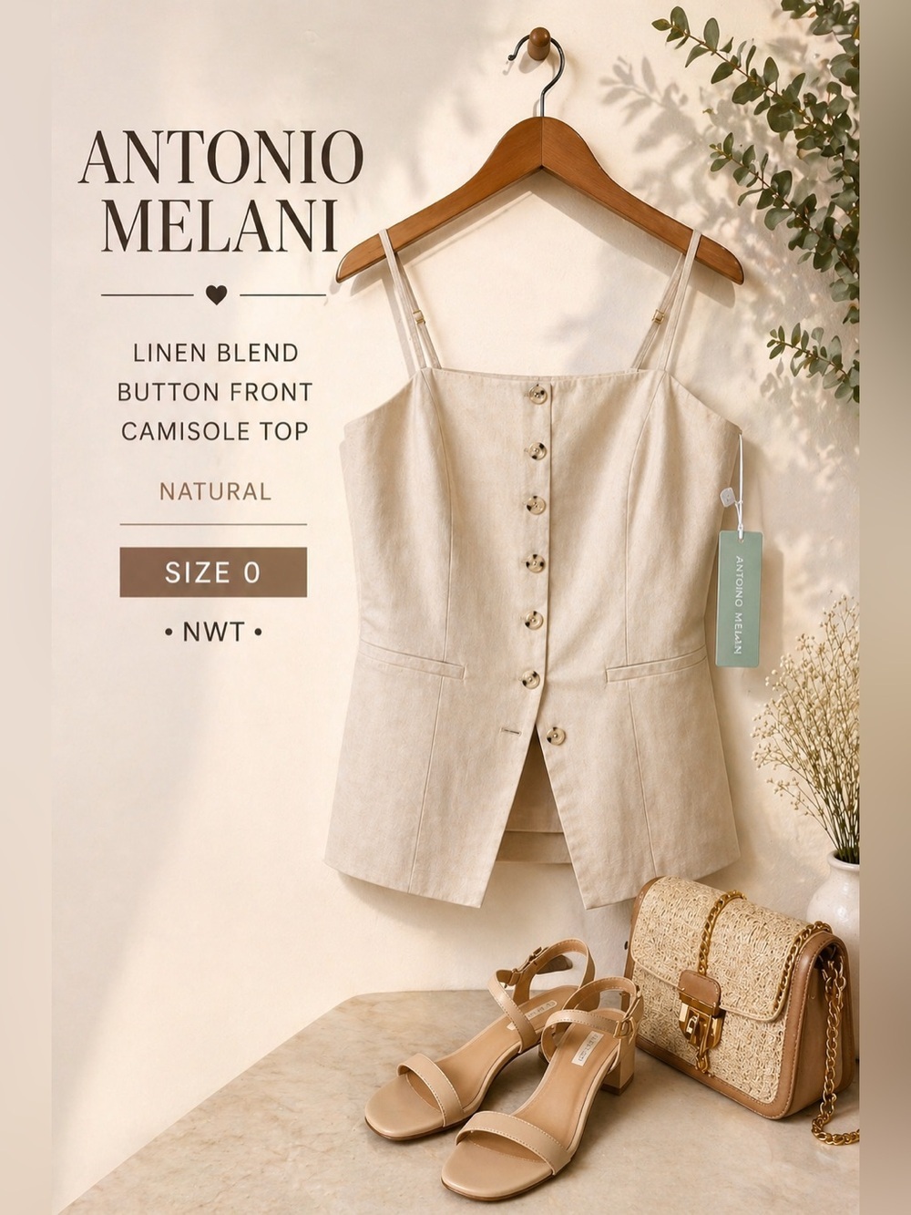 Antonio Melani Linen Blend Button Front Camisole Top Natural Size 0 NWT
